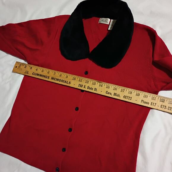 VTG Faux Fur Collar L Red Cardigan Sweater Kathie Lee Collection Cotton Blend - Picture 10 of 13
